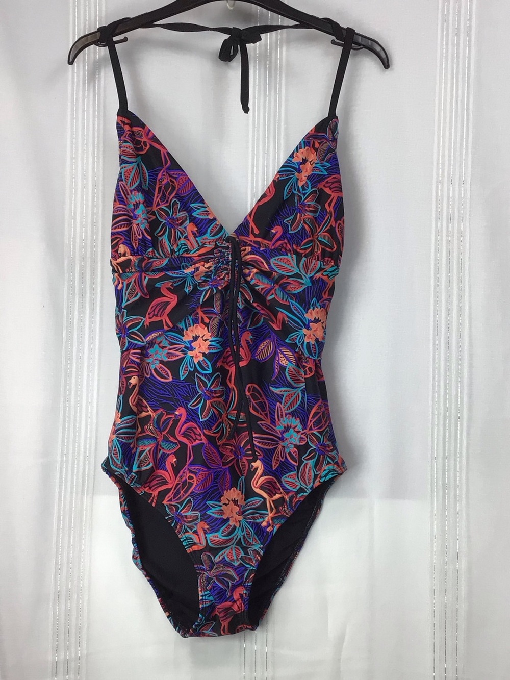 VENUS Black Tropical Flamingo Self Tie Ha Halter One-Piece Swimsuit Sz.10
